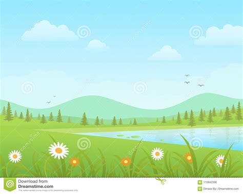 Green Grass With Flowers And Blue Lake On A Mountains Background Stock