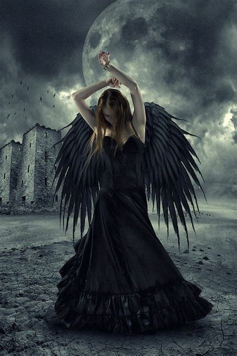 A Woman In A Black Dress With Wings On Her Head And Dark Clouds Behind Her