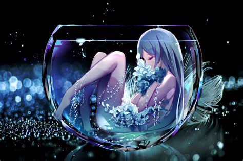 Hintergrundbilder Anime M Dchen Blaue Haare Lange Haare Blumen In