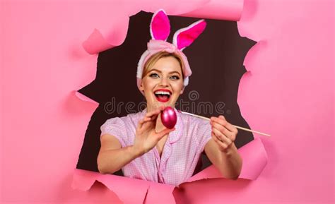 Happy Woman In Fake Bunny Ears Painting Easter Egg Rabbit Girl With