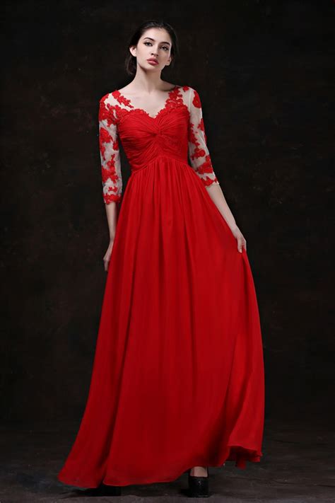 Flowing A Line V Neck Empire Waist Long Red Chiffon Evening Prom Dress