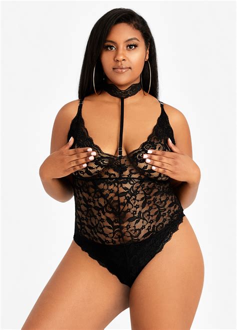 Plus Size Sexy Lingerie Lace Choker Convertible Cheeky Trendy Bodysuit