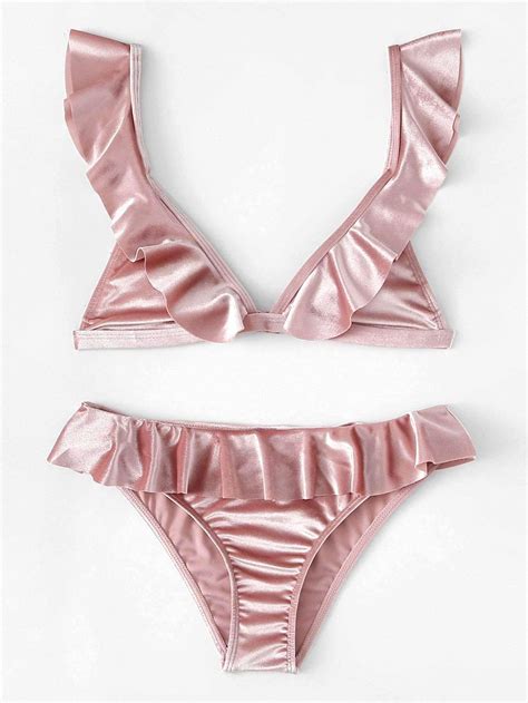 Pink Ruffle Swimsuit Plunge Velvet Bikini Velvet Bikini Bikinis