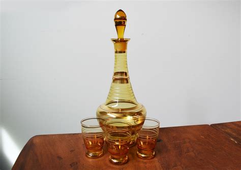 Bohemia Amber And Gold Crystal Decanter And Shot Glass Set Etsy Canada Crystal Decanter Set