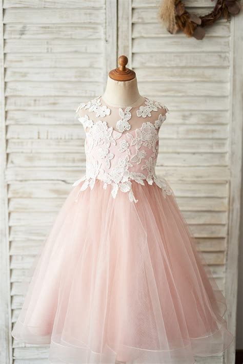 Mauve Tulle Ivory Lace Keyhole Back Wedding Flower Girl Dress Kids For