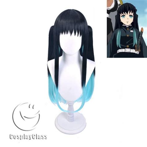 An Anime Wig With Long Black Hair And Blue Streaks On The Side Next To