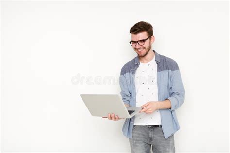 Young Man Standing With Laptop Stock Image Image Of Idea Joyful