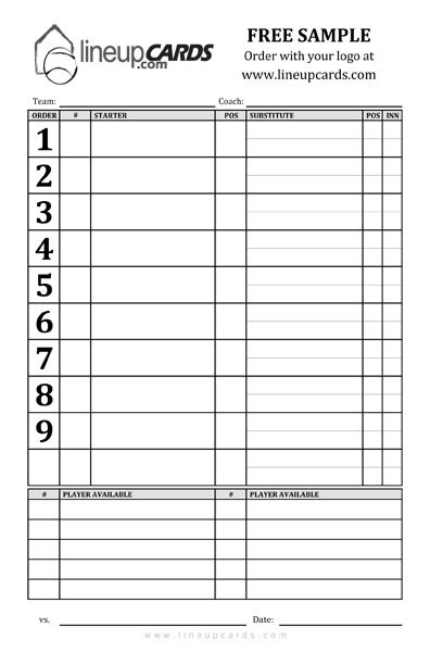 Line up card order # player position substitutes position # # vs. Softball Lineup Cards - FREE DOWNLOAD - Aashe