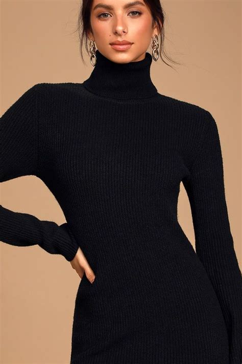 Sheerah Black Turtleneck Midi Sweater Dress Sweater Dress Midi