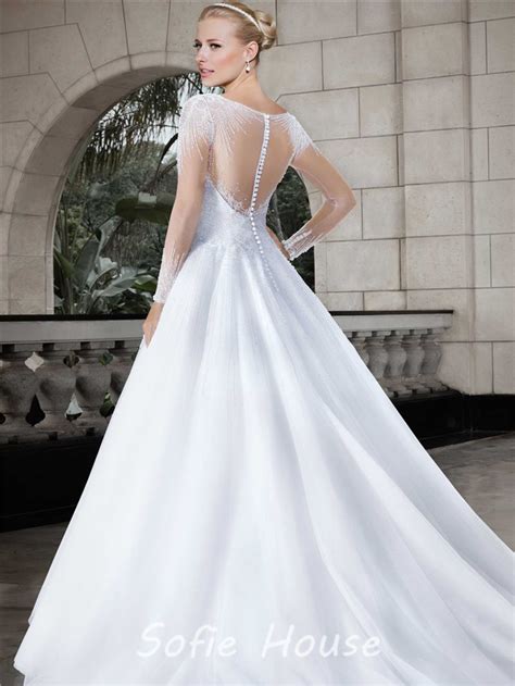 Ball Gown Illusion Neckline Sheer Back Long Sleeve Tulle Beaded Wedding Dress