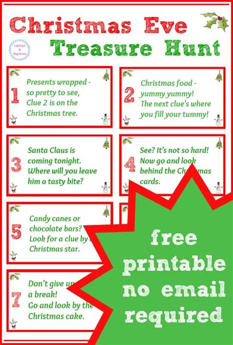 Free printable treasure hunt clues for kids. Awesome kids' holiday activity - the Christmas Eve ...