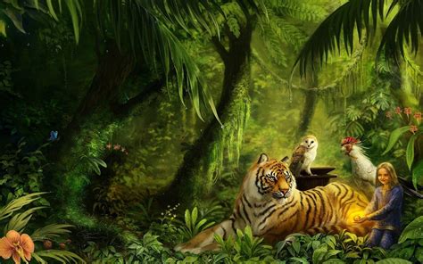 Download Tiger Bird Owl Tree Child Little Girl Lion Rainforest Forest