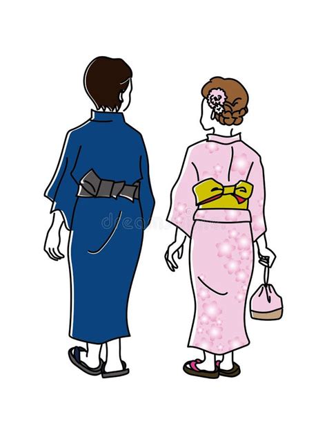 Vector Illustraion Of Back View Of Men And Women Wearing Yukata Stock
