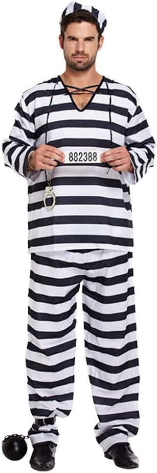 Mens Black And White Prisoner Convict Robber Burglar Fancy Dress Costume Outfit U00309