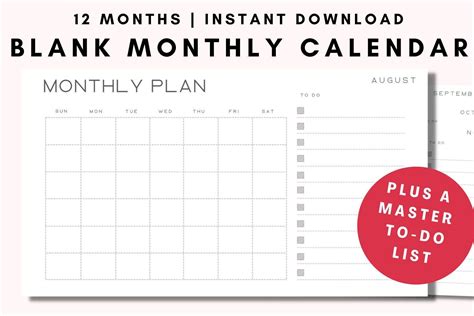 Blank Monthly Calendar Printable Landscape Minimalist Calendar