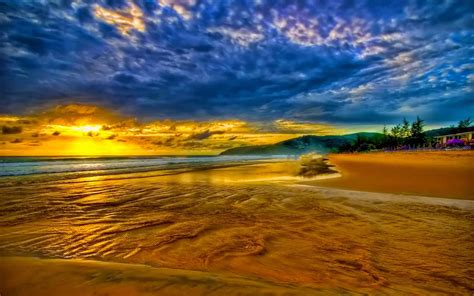 Golden sunset Seashore sandy beach sky clouds Wallpaper HD 