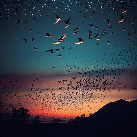 Premium Ai Image A Flock Of Birds Flying In The Sky With The Sunset