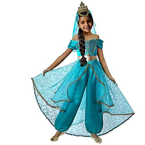 Girls Princess Dress Up Costume Teal Gold Outfit Jasmine Costume Kids
