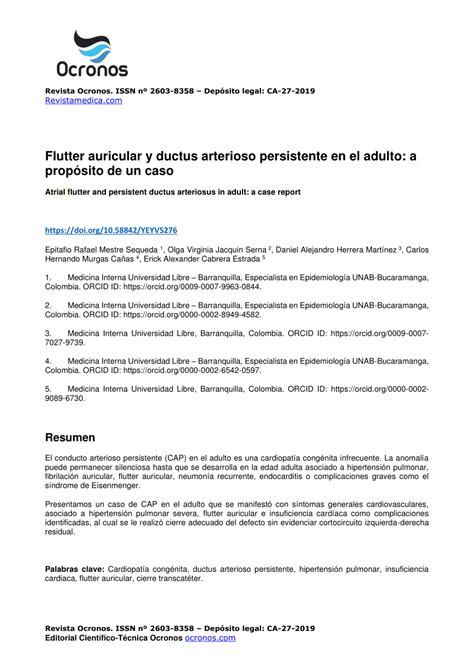 Pdf Flutter Auricular Y Ductus Arterioso Persistente En El Adulto A