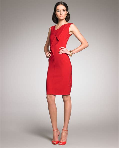 Lyst Oscar De La Renta Sleeveless Front Ruffle Dress In Red