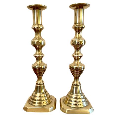 Antique 19th Century Pair Of Extra Tall Brass Candlesticks For Sale At