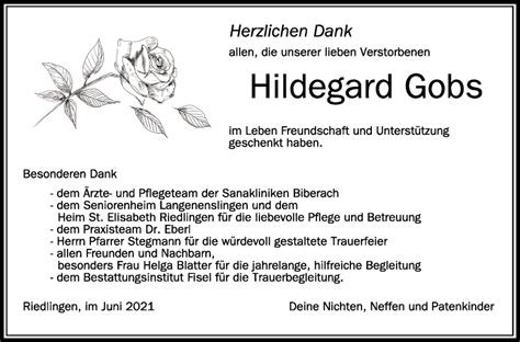 Traueranzeigen Von Hildegard Gobs Schwaebische De Trauerportal My Xxx
