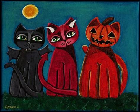 Scaredy Cat Folk Art Cat Halloween Painting Eerie Art