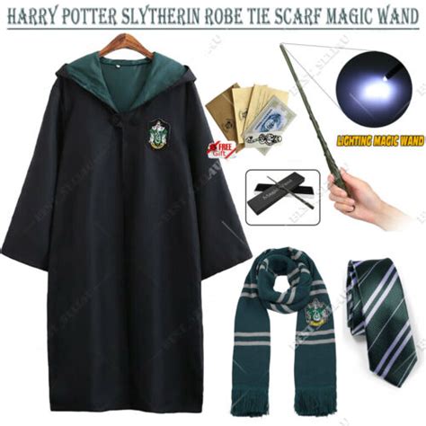 Harry Potter Draco Malfoy Slytherin Robe Cloak Tie Led Magic Wand Scarf