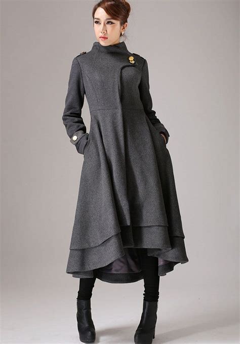 vintage inspired swing maxi dress coat with layered hem line 0761 long wool coat women