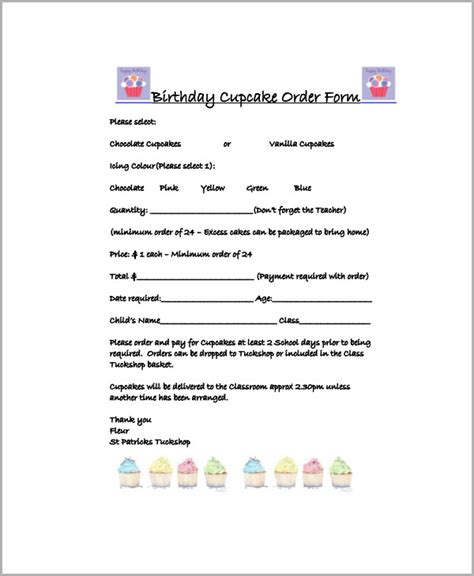 free cupcake order form template printable templates