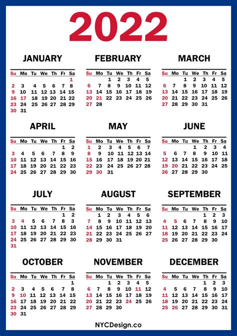 2022 Calendar With Us Holidays Printable Free Blue Navy Sunday