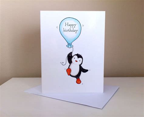 Penguin Birthday Card Little Penguin And A Blue Balloon Etsy Uk