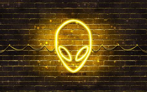 Download Wallpapers Alienware Yellow Logo 4k Yellow Brickwall