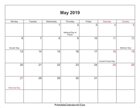 Unique May 2019 Calendar With Holidays Printable Free Printable