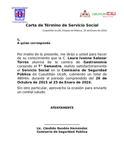 Ejemplo De Carta De Termino De Servicio Social Images