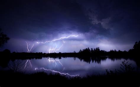 Lightning Storm Over A Lake At Night Wallpapers