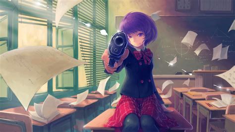 X Resolution Purple Haired Anime Character Holding Gun Hd