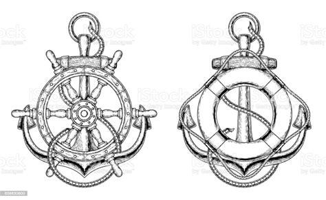 Vector Anchors With A Wooden Ship Steering Wheel And Life
