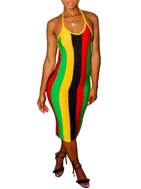 rainbow stripes halter open back bodycon midi dress jamaican clothing rasta clothes midi