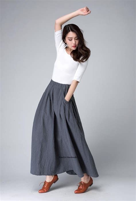 Long Linen Skirt Maxi Skirt Grey Skirt Ladies Skirts Etsy