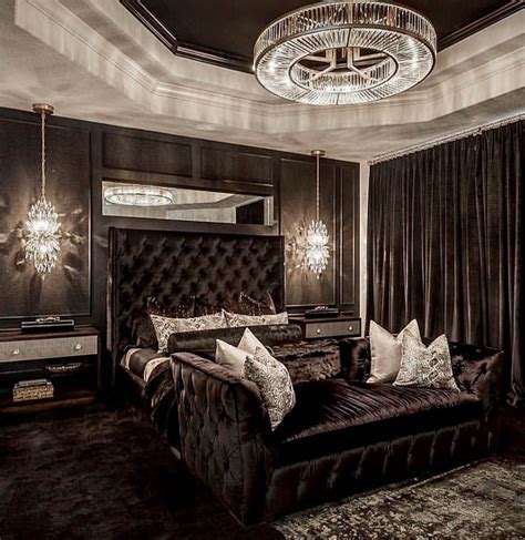 Find bedroom furniture sets at wayfair. Stunning All black and gold luxury glam bedroom decor with black tufted bed in 2020 | Glam ...