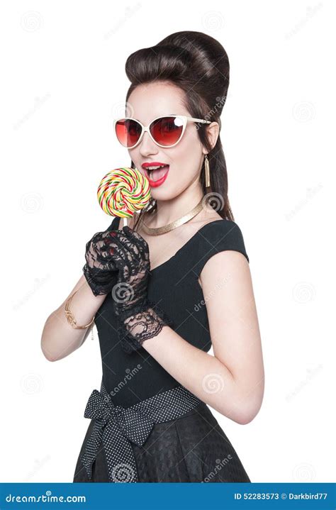 Young Beautiful Woman In Retro Pin Up Style With Lollipop Stock Image