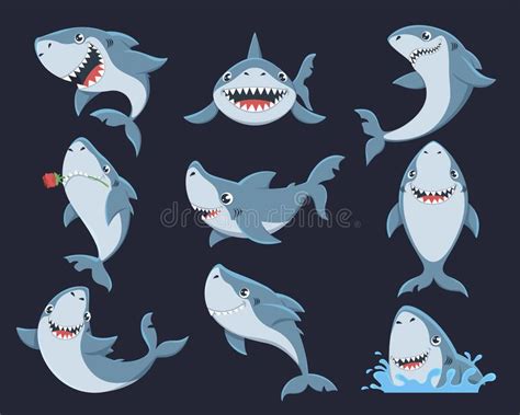 Cute Funny Shark Flat Vector Illustrations Set Stock Vector Illustration Of Mascot Collection