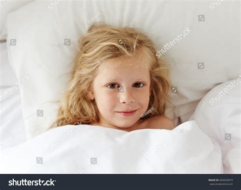 Lovely Girl Waking Comfortable Bed Home Stock Photo 660420919