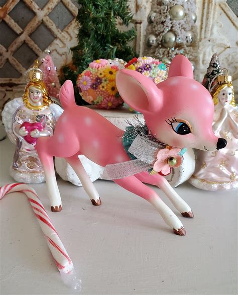 Vintage Style Pink Deer Figure Kitchsy Christmas Large Deer Deer