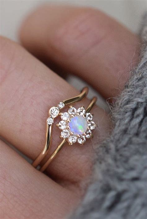 Beautiful Opal Flower Gold Rings Promise Wedding Engagement Ring