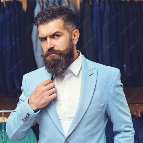 Handsome Stylish Bearded Man Model Posing Wearing Blue Suit Portrait Of Successful Sexy