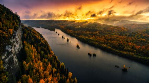 1366x768 River And Forest Sunset Drone View 1366x768 Resolution