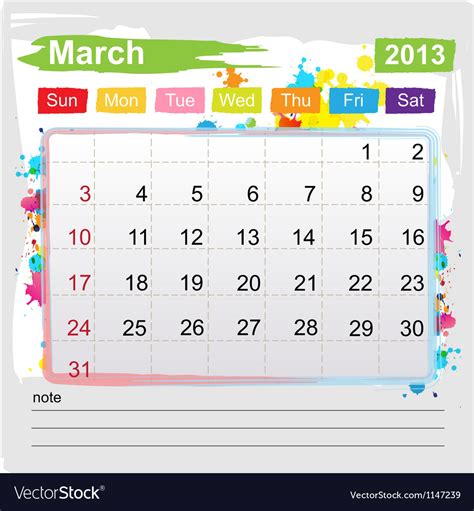 Calendar March 2013 Royalty Free Vector Image Vectorstock