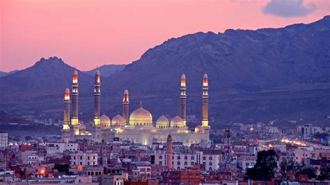 Al Saleh Mosque Building Mountain Panorama Sanaa Sunset Yemen Hd